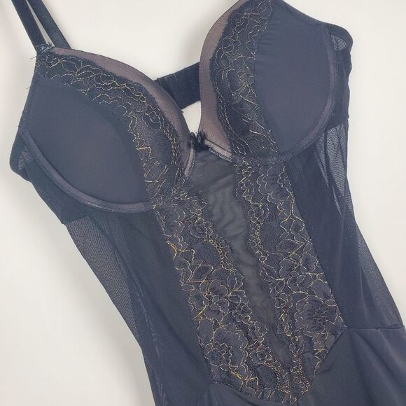 ALICE OLIVIA Classics Lingerie Padded Bra Dress Sexy Semi Sheer Lace Teddy Black - Picture 2 of 6